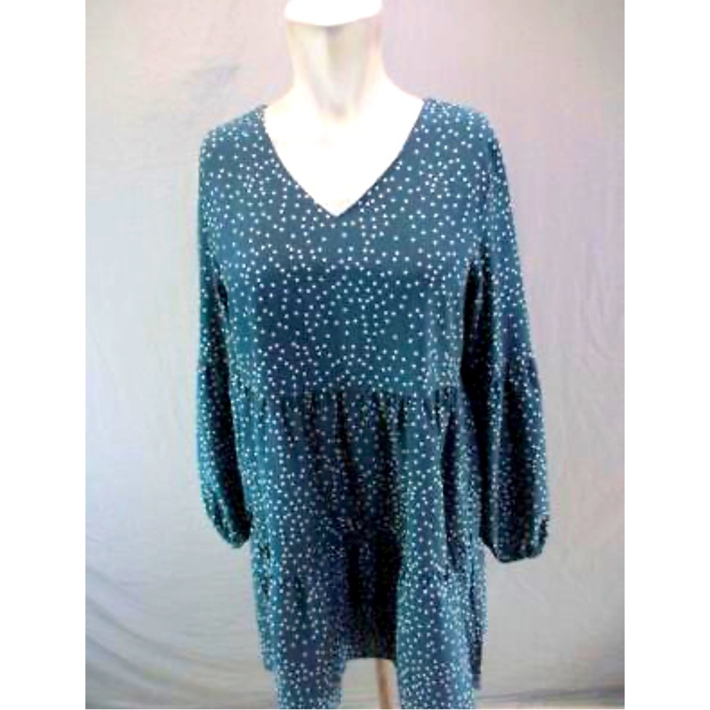 Unbranded Size XS Teal Polka Dot Long Sleeve V-Neck Loose A-Line Dress